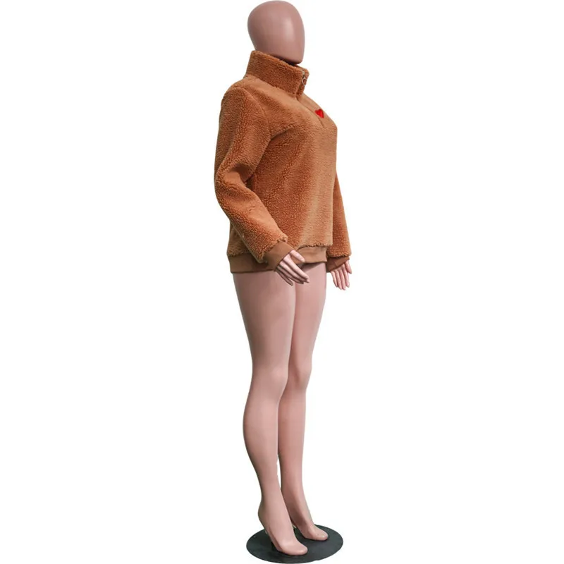 

2020 Lady Street Wear Winter Women's Fleece Hoodie Long Sleeve Lapel Zipper Solid Color Top Warm Casual Loose Pullover