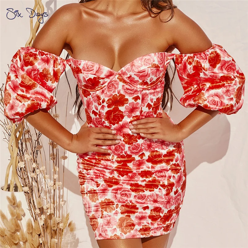 

Sweet Floral Summer Dress 2021 For Women Casual Sexy Off The Shoulder Short Sleeve Mini Dresses Femme Robe Party Clothes Red