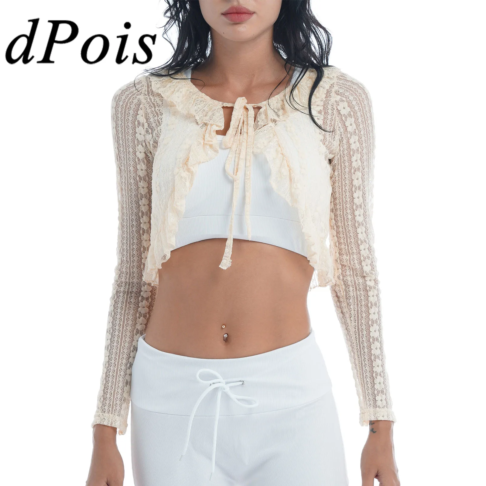 Женский кружевной кардиган болеро с длинным рукавом V образным вырезом и