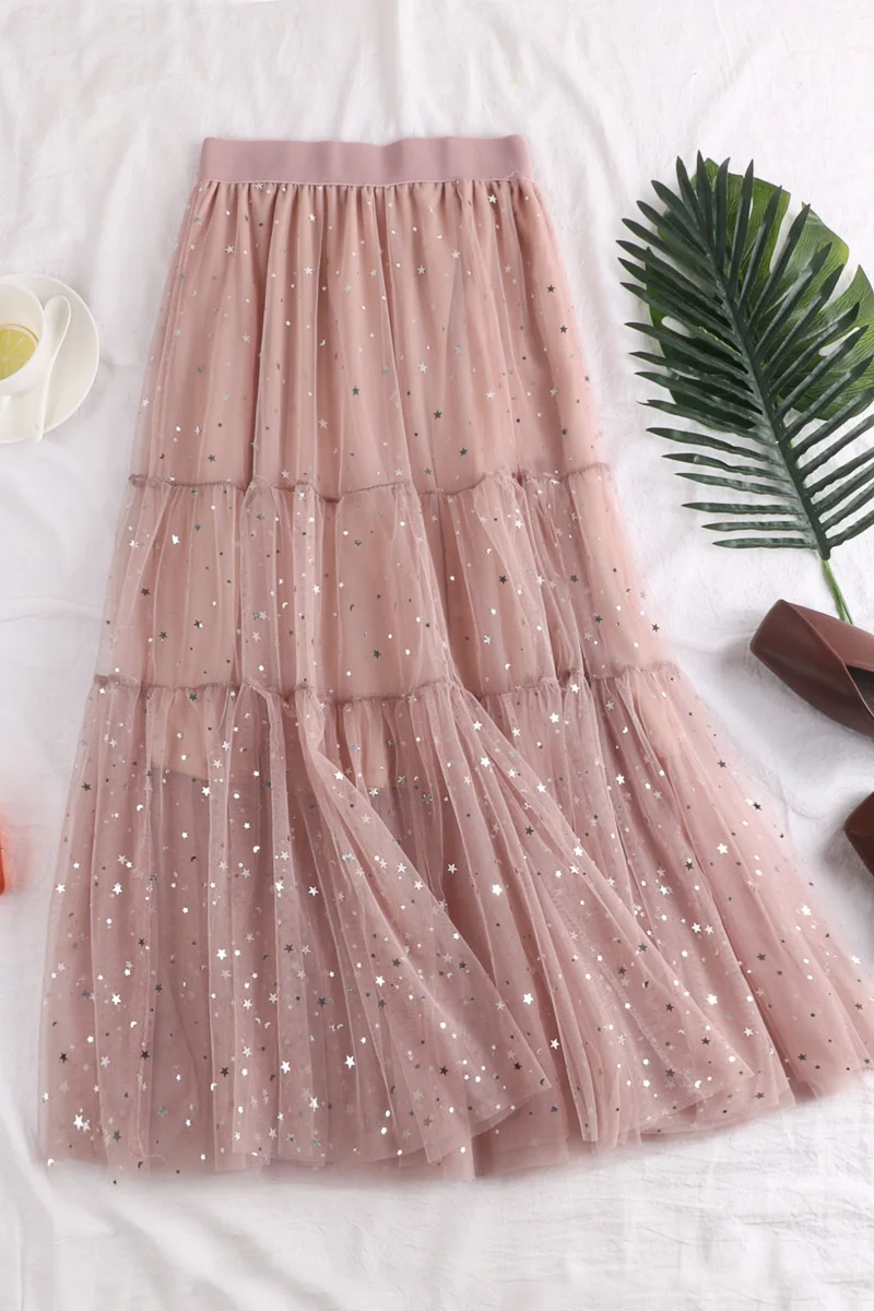 

2020 Spring New Show Empire Thin Star Sequins Appliques Stitching Double-layer Screen Long Skirt Sweet Solid Long Skirts Women