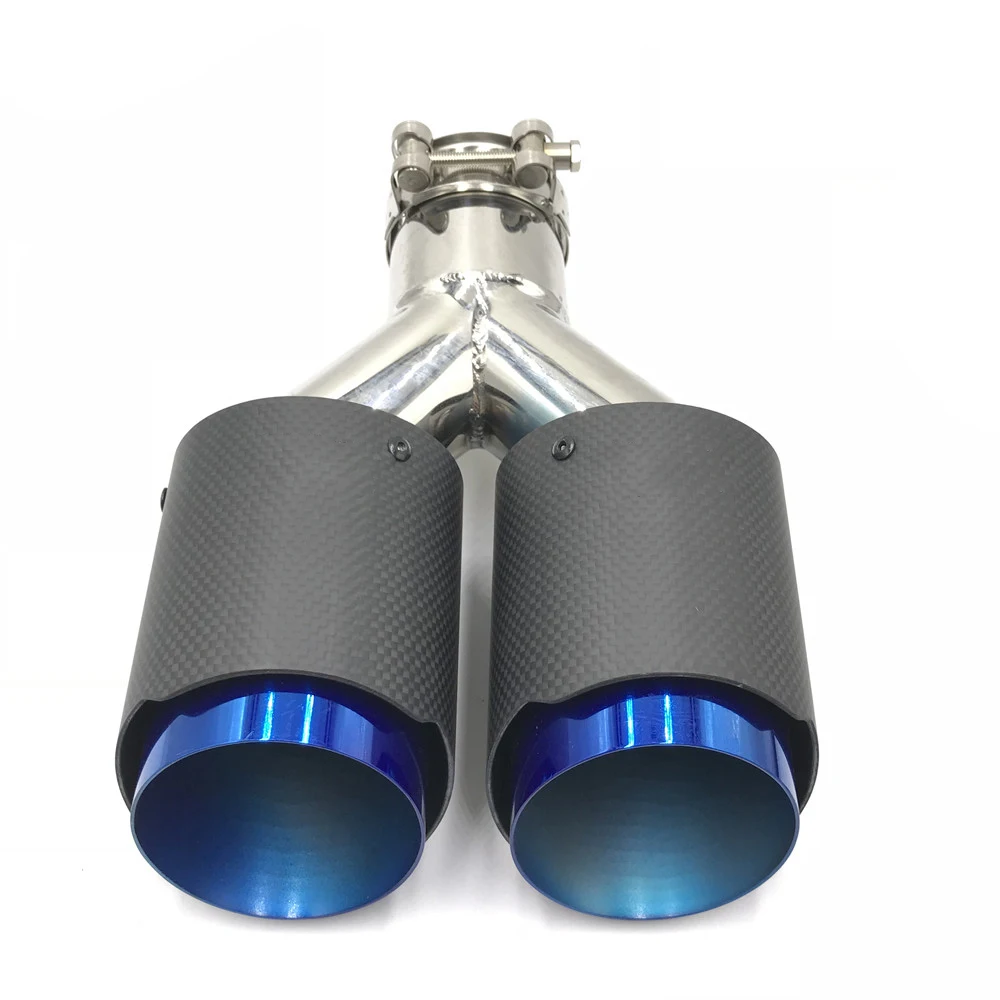 

1PCS Top Quality Matte Carbon Fiber Car Back Exhasut System Coated Blue Stainless Steel Double Exhaust Pipes For Ak