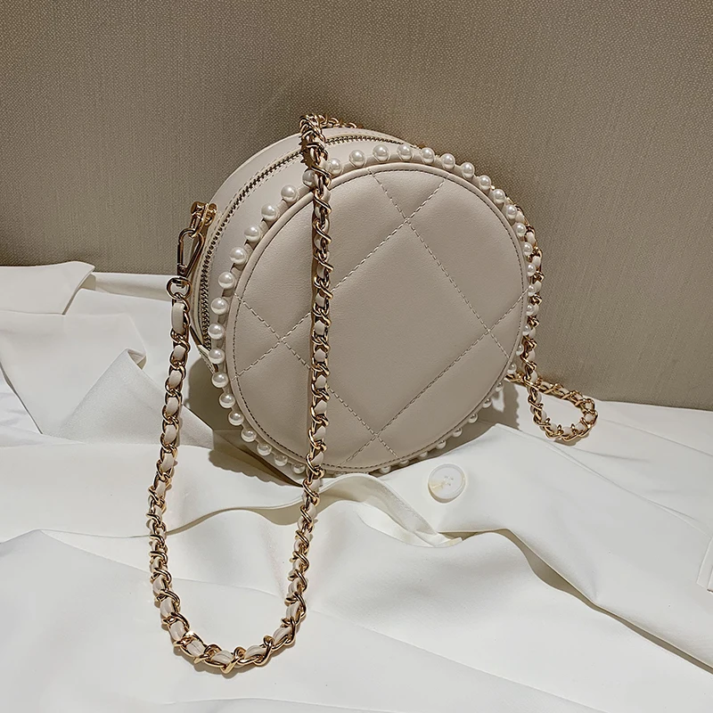 Клетчатая круглая сумка через плечо с жемчугом 2020 модная новинка