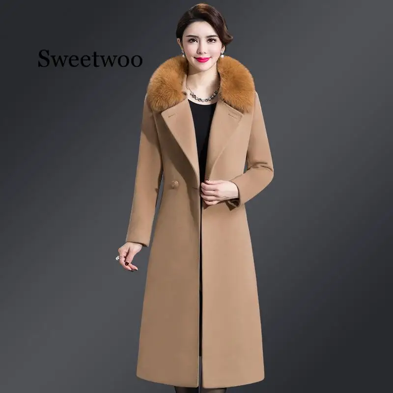 

Autumn Winter Wool Coat Women Slim Turn Down Collar Faux Fur Collar Medium Long Coat Ladies Plus Size 5xl Outerwear Abrigo Mujer