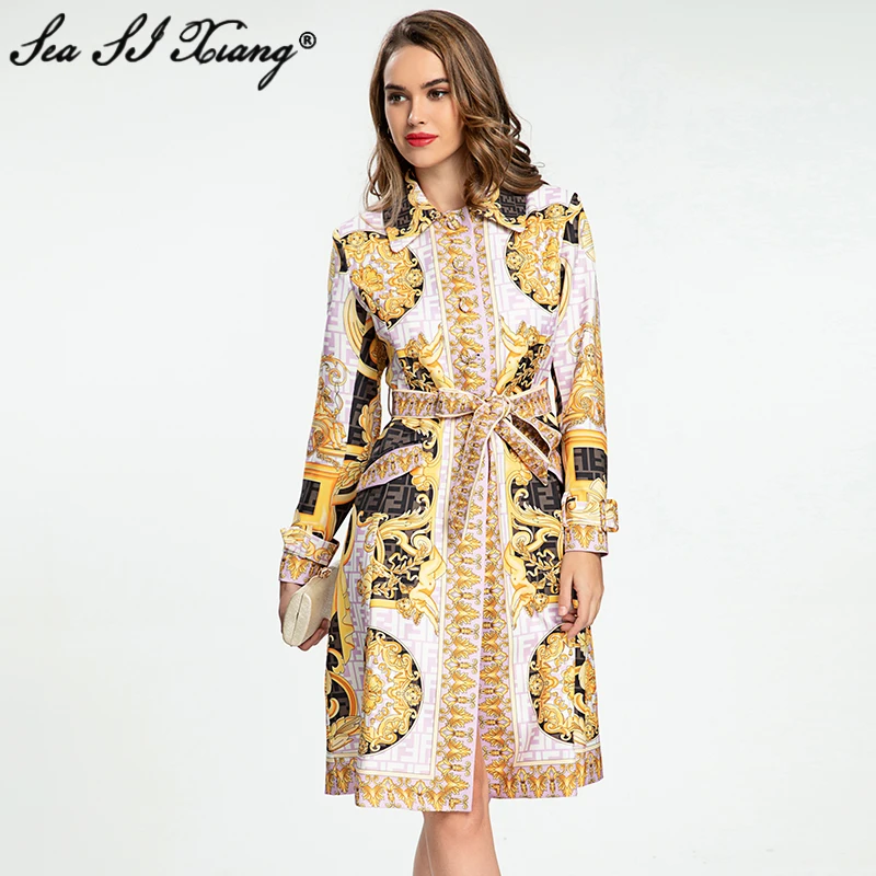 

Seasixiang Designer Autumn Trench Coat Women Turn-down Collar Long Sleeve Sashes Indie Folk Print Single Breasted Outwear