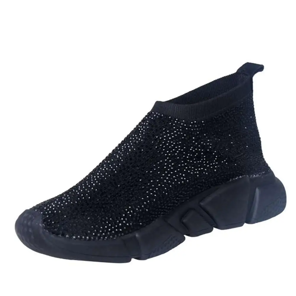 All Black Женские кроссовки, вязанные стразы, носок, плоская подошва, спортивная обувь для бега, повседневная обувь,, кроссовки ручной работы - Цвет: All Black