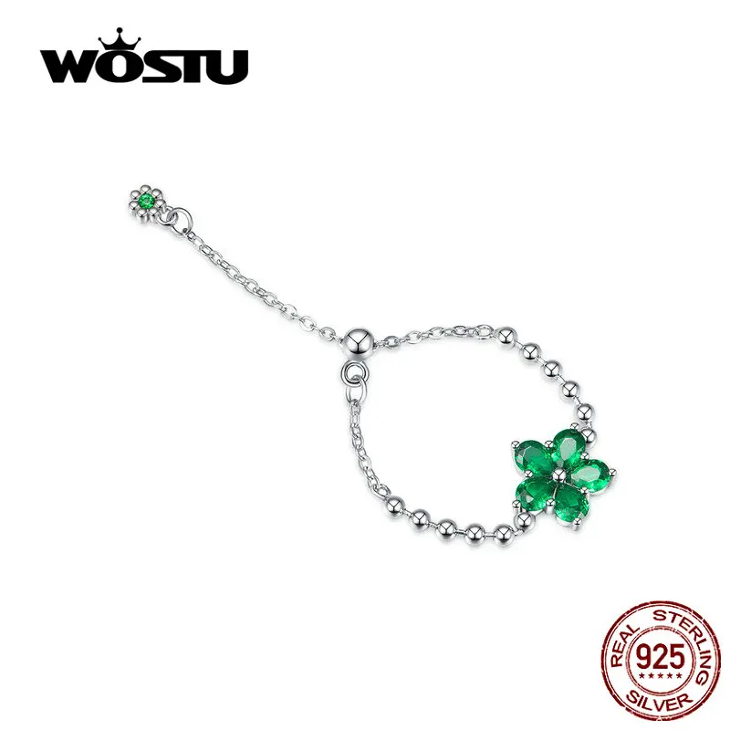 WOSTU, настоящее 925 пробы, серебряные Регулируемые кольца, уникальный зеленый цветок, CZ цепь, кольца для женщин, модное ювелирное изделие CQR532