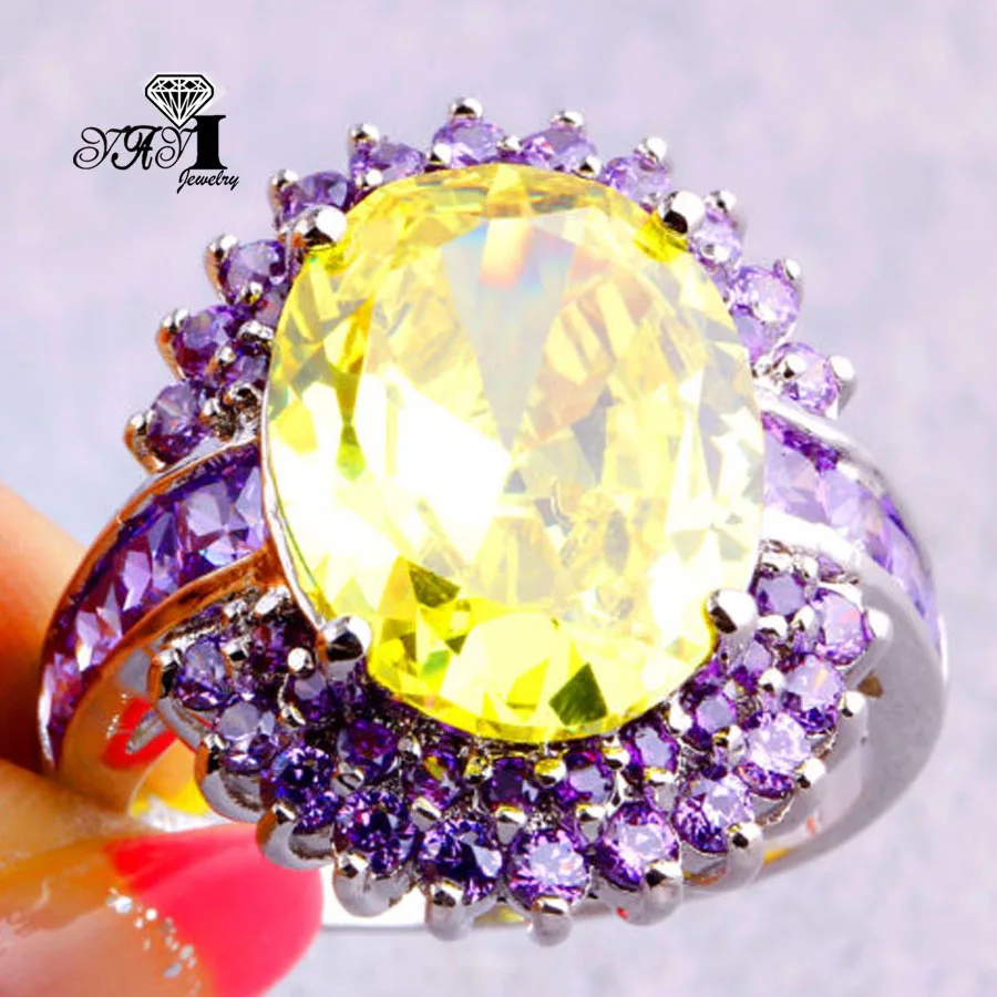 

YaYI Fine Jewelry Fashion Princess Cut Huge 4CT Purple Yellow Zircon Silver Color Engagement Wholesale Wedding Lover Heart Rings