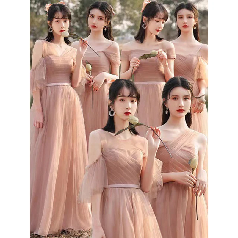

Bridesmaids Dresses Illusion A-Line O-Neck Short Off The Shoulder Lace Tulle Pleat Floor-Length Women Wedding Party Gown E548