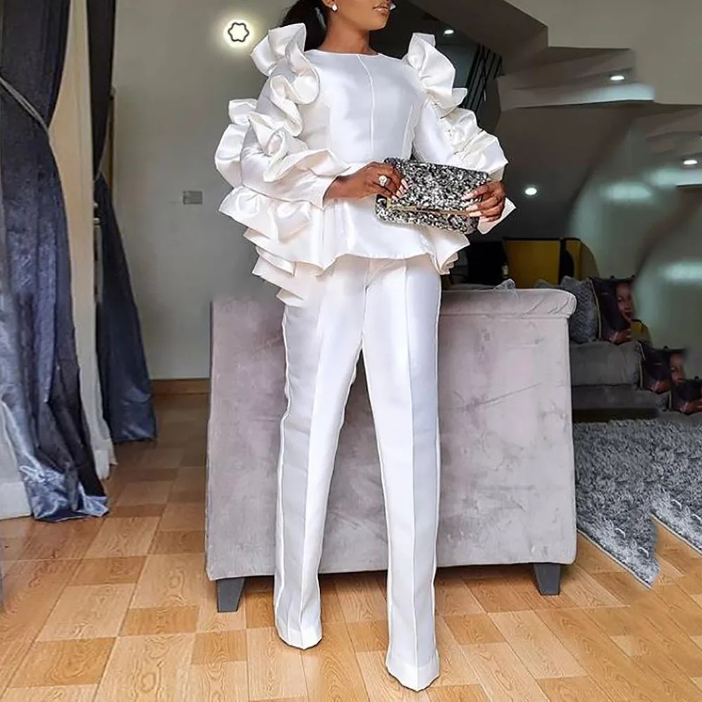 

Ruffles Two Piece Sets Womens 2021 Autumn Winter New Solid Color Fashion White Round Neck Long Sleeve Temperament Ladies Suit