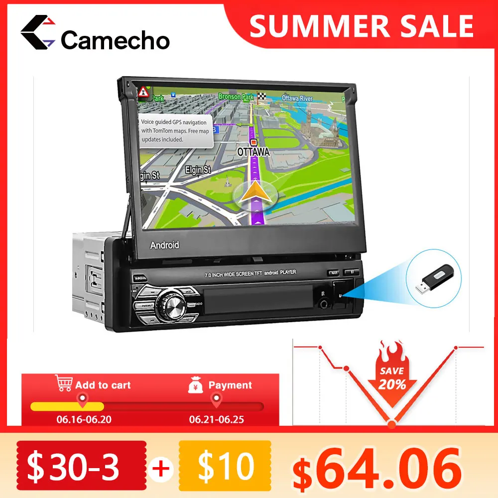 Camecho 1 Din 7 &quotAndroid автомобильный Радио Универсальный Автомобильный GPS