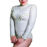 elegant bodycon for women white pearl bodysuit nightclub dance performance suit stage wear lady club bodysuits festival outfit