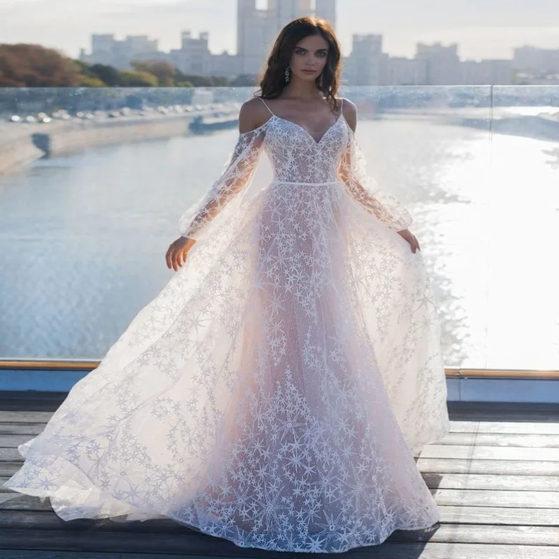 Модное кружевное пляжное свадебное платье с длинным рукавом-фонариком Vestido De Noiva, сексуальное богемное свадебное платье с бретельками