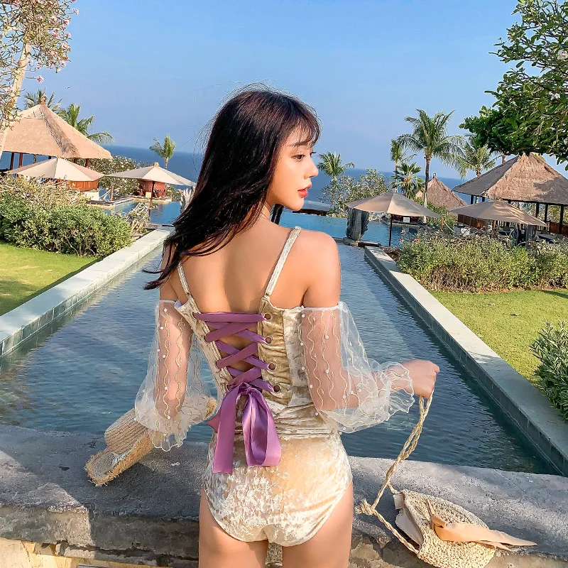 Цельное бикини Пляжное Бандажное Монокини женский купальник с длинным рукавом