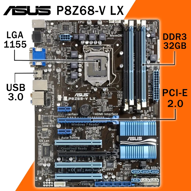 

LGA 1155 Asus P8Z68-V LX Motherboard Core i7/Core i5/Core i3 PCI-E 2.0 DDR3 2200(OC)MHz VGA DVI Overlocking Intel Z68 Placa-mãe