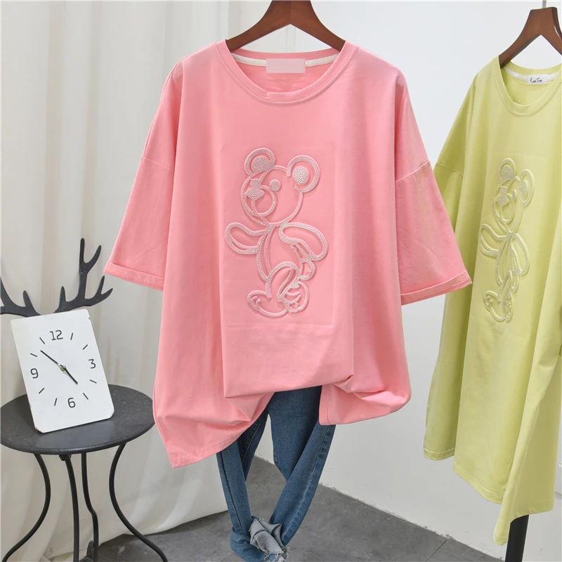 

T-shirt Women's Short-Sleeved Summer round Neck Loose plus Mid-Length Cotton Modal Cotton Light Diamond Bear