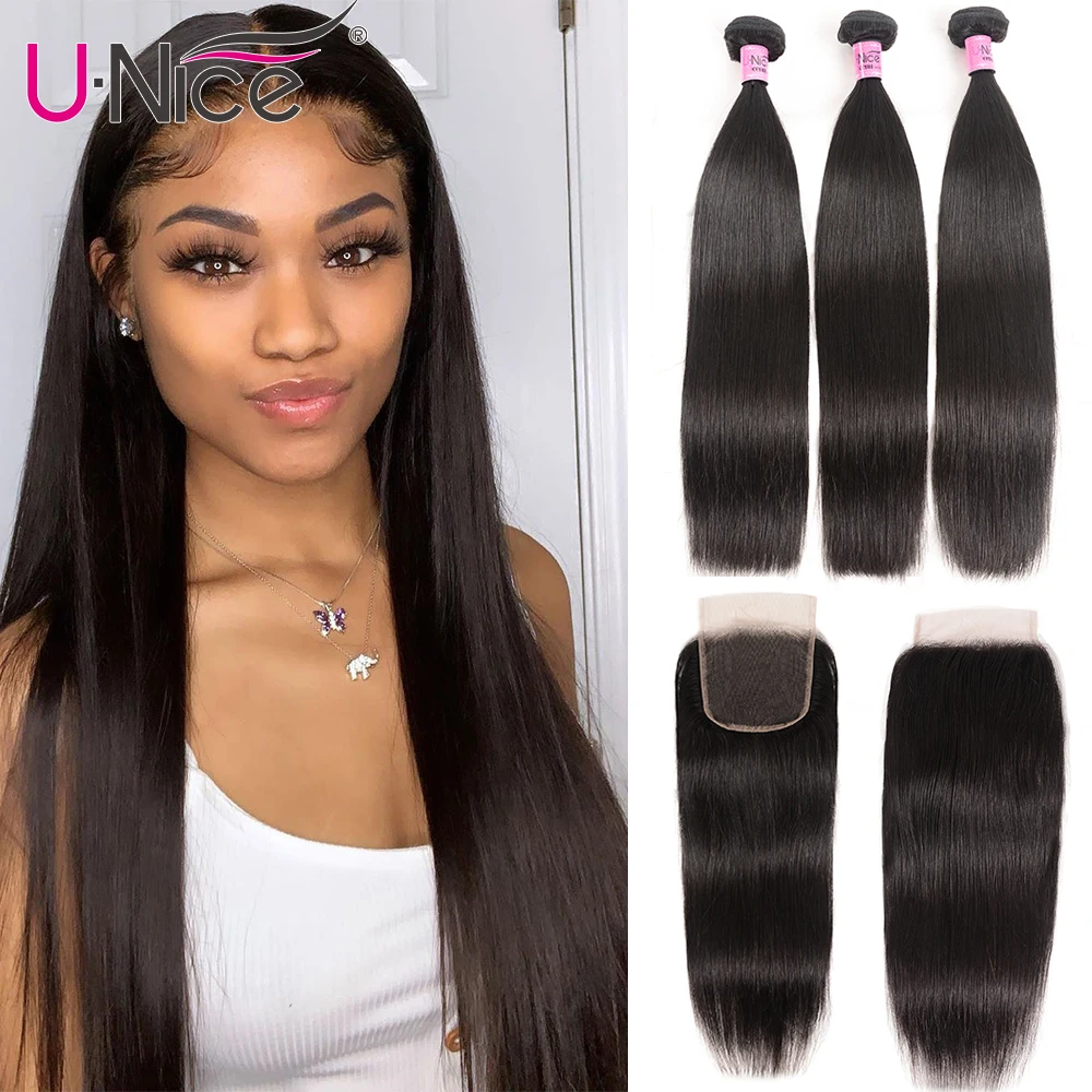 Волосы UNICE Icenu, волосы remy, серия, бразильские прямые волосы, 3 пряди, с закрытием, человеческие волосы, плетение, 4х4, на шнуровке, 4 шт., 8-30 дюймов