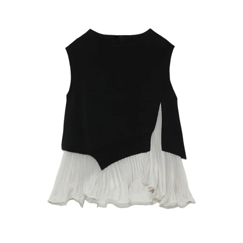 

Japanese 2021 Summer New Women Tops Fashion Simple Solid Ruffles Sleeveless Sweaters Office Ladies Elegant Loose Pullovers