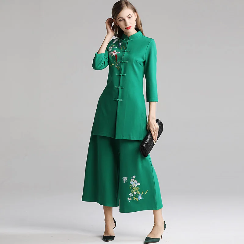 New style autumn Women two piece set Chinese stand collar Retro embroidery coat+Loose pants 2 women S-2XL |