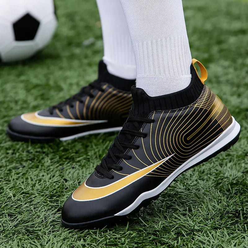BINBINNIAO Men Professional Football Boots Kids Boys TF AG Golden Soccer Shoes Cleats Sport Sneakers size 30-44