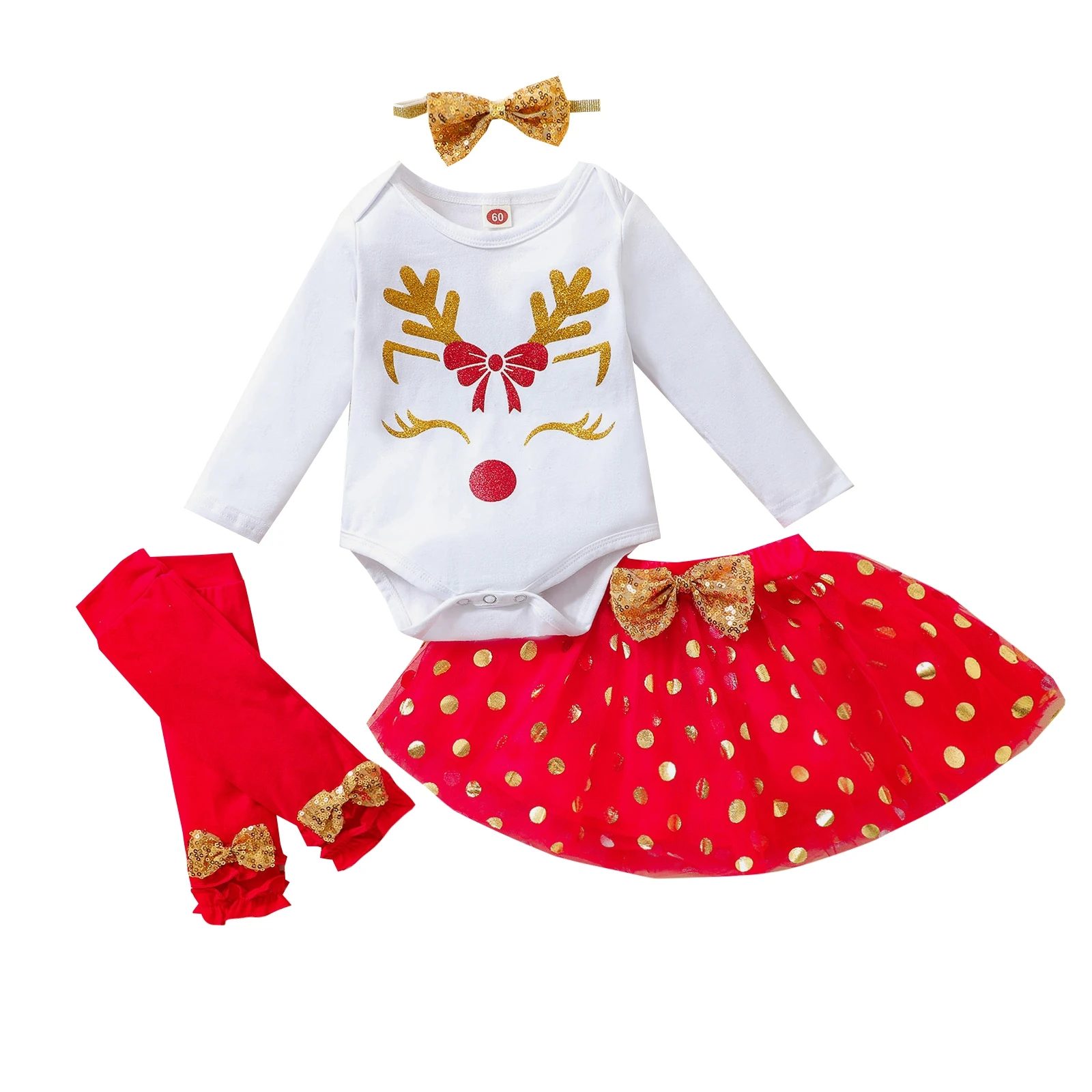 

4Pcs Toddle Baby Christmas Clothes Set Reindeer Long Sleeves Romper + Tutu Skirt + Leg Warmer + Headband for Baby Girls