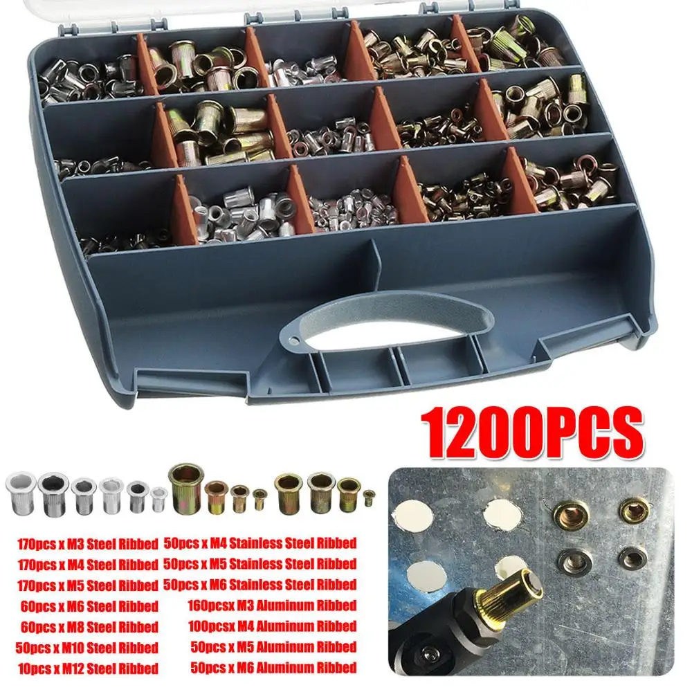 ALLSOME 1200 шт. M3 M4 m5 m6 m8 m10 m12 из нержавеющей стали заклепочные гайки Nutsert Rivnut заклепочные гайки комплект инструментов для ert HT2824