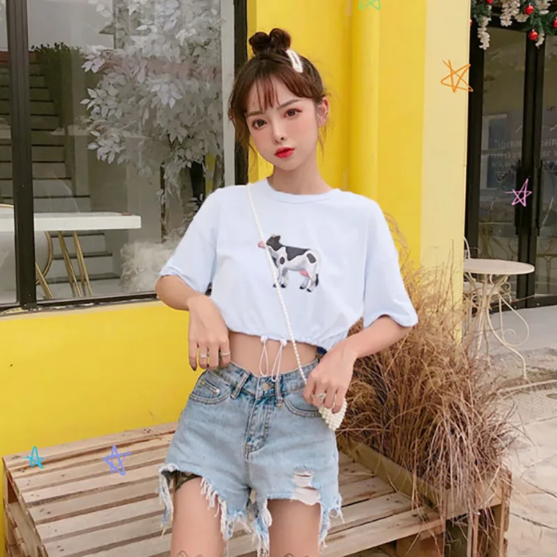 2019 Summer Women's Casual Elegant Fashion Style Round Neck Cartoon Cow Print Short Sleeve Drawstring Pullover Crop Top T-Shirt | Женская
