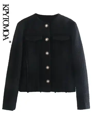 Женский твидовый пиджак KPYTOMOA, Модный укороченный пиджак с золотыми пуговицами, винтажный пиджак с длинным рукавом, с потертостями, верхняя ...