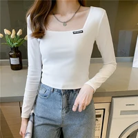 casual vogue square collar short shirt long sleeves high sexy skinny waist warm basic crop top solid color slim top 2021 autumn