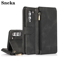 leather wallet phone case for galaxy s21 ultra s20 fe s10e s9 plus note 20 9 10 zipper flip cover protection multi card lanyard