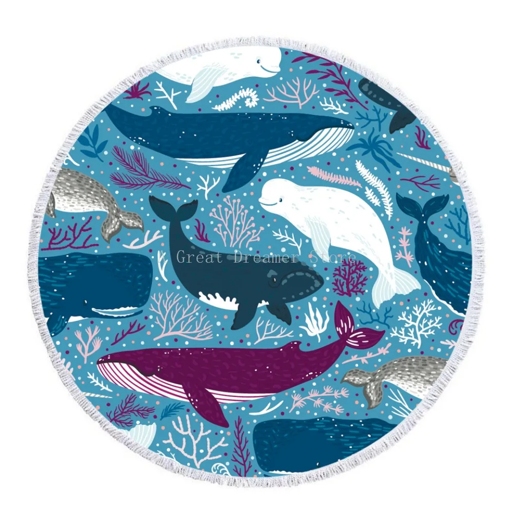 

Whale Turtle Jellyfish Round Beach Towel With Tassels Soft For Adults Kids Swimming Picnic Cartoon Microfiber Tapestry Blanket