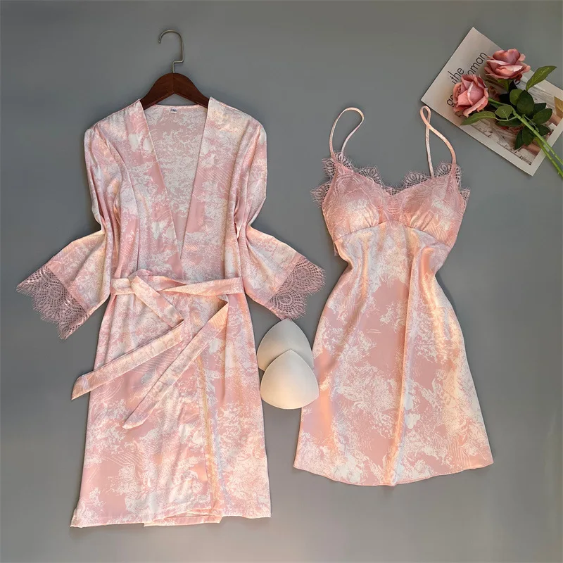 

Satin Sleepwear 2PCS Robe Set For Women Sexy Kimono Bathrobe Gown Lace Patchwork Nightgown Lingerie Print Flower Home Clothes