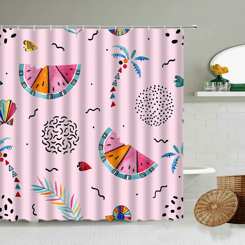 

Летний тематический занавес для душа, Тропическое растение, пальма, лимон, арбуз, фрукты, дизайн ванной комнаты, декор с крючком, водонепрони...