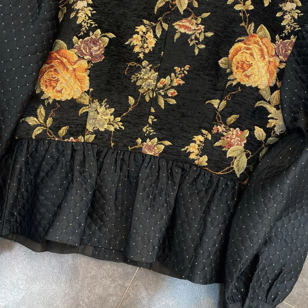 

ZCSMLL 2021 Autumn and Winter Round Neck Coat Ribbon Bow Bubble Sleeves Shiny Vintage Flower Korean Fashion Woman Jacket