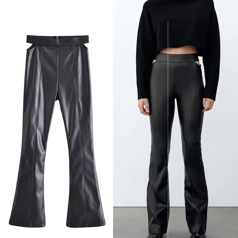 

Женские кожаные брюки Za, повседневные Прямые офисные брюки из искусственной кожи с высокой талией, длинные осенние брюки, 2021