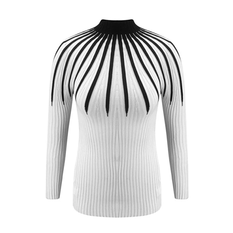 Women Clothing Autumn Winter Turtleneck Color Patchwork Slim Elegant Knitted Pullovers Sweater Office Ladies Casual Tops SJ4999E | Женская