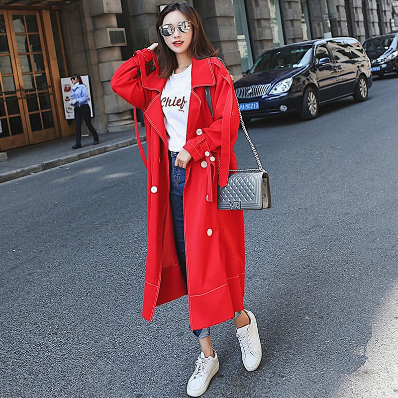 2020 spring Autumn Casual Double breasted Simple Classic Long Trench coat women red/black Chic Female windbreaker FY32 | Женская одежда