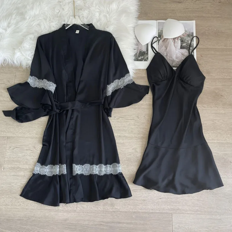 

2Pieces Bat Sleeve Women Sexy Lace Satin Robe Gown Sleepwear Pajamas Sets Female Mini Underwear Dressing Gowns New 2022