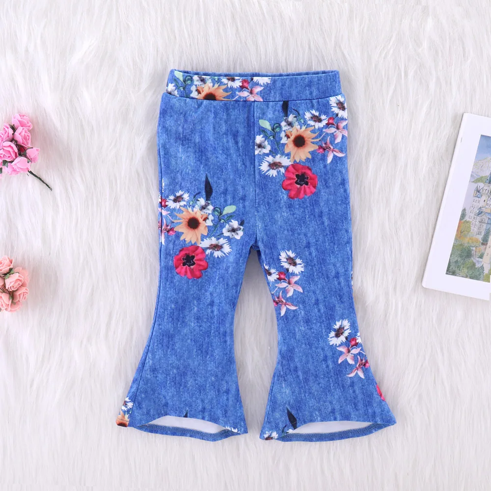 Girls Clothes Teen Cloth Jean Short Sleeves Denim Sun Flower Off Shoulder Tops Bell Bottom Pants 2pcs/Set 2018 Kid Autumn Suit | Детская