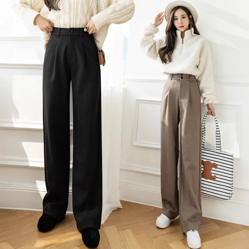Женские шерстяные брюки с широкими штанинами, зимние свободные прямые длинные брюки в Корейском стиле с высокой талией, 2021