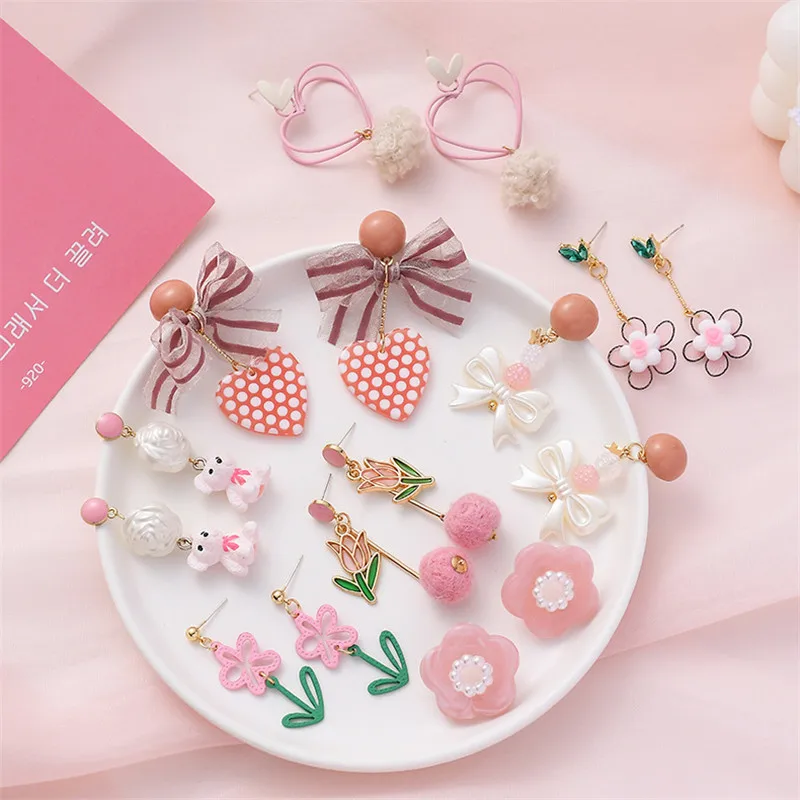 

Sweety Pink Color Flower Drop Earrings for Women Cute Bowknot Asymmetric Autumn and Winter Earrings Girls Birthday Gifts Earings