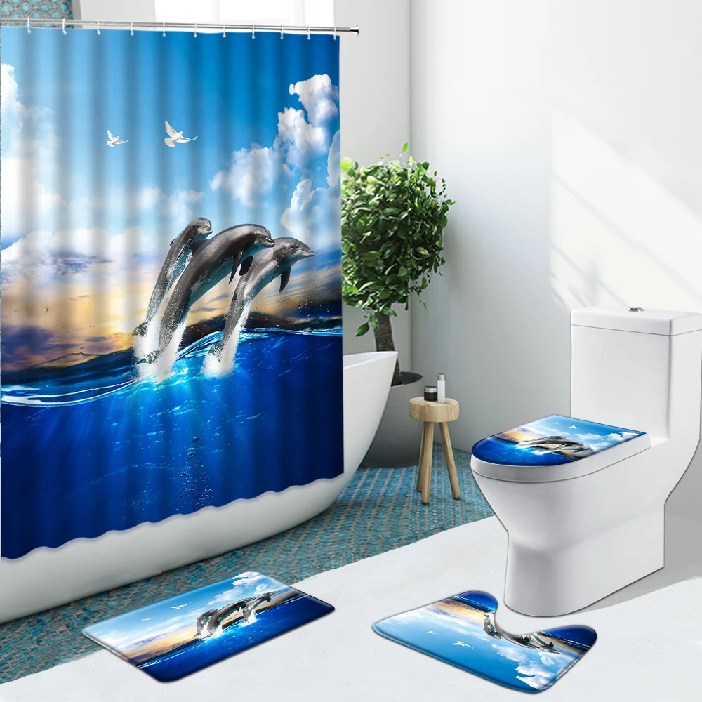 

4Pcs 3D Ocean Dolphin Shower Curtains Deep Sea Scenery Bathroom Set Non-Slip Rugs Toilet Cover Carpet Bath Mat Pad Home Decor