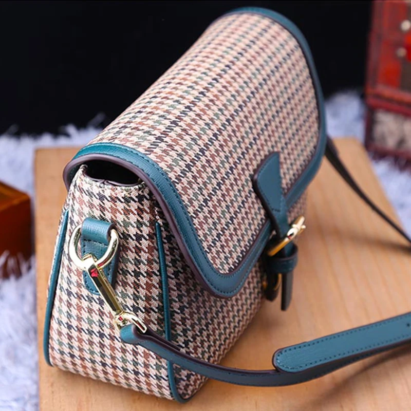 

2020 New Fashion Houndstooth Pattern Real Leather Flap Bag for Women Casual Plaid Single Shoulder Messenger Small Square Bags Cc