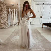a line boho wedding dresses 2021 sexy deep v neck sleevless lace appliques bridal gowns backless split long wedding party gown