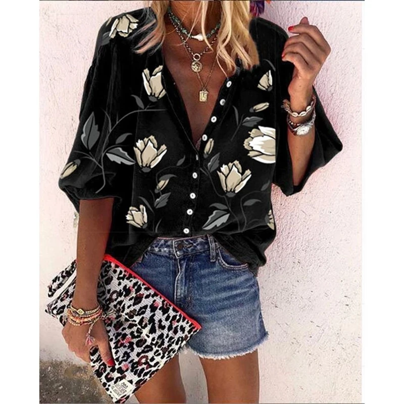 

Women Casual Shirts Floral Print Blouse Female Tops Loose V Neck Spring Blouses Button Top Lady Shirt Women's Shirts