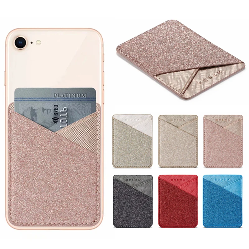 Fashion Glitter Bling Mobile Phone Back Cards Holder Wallet Credit ID Card Pocket Adhesive Phone Stickers Gold /Rose Gold /Black