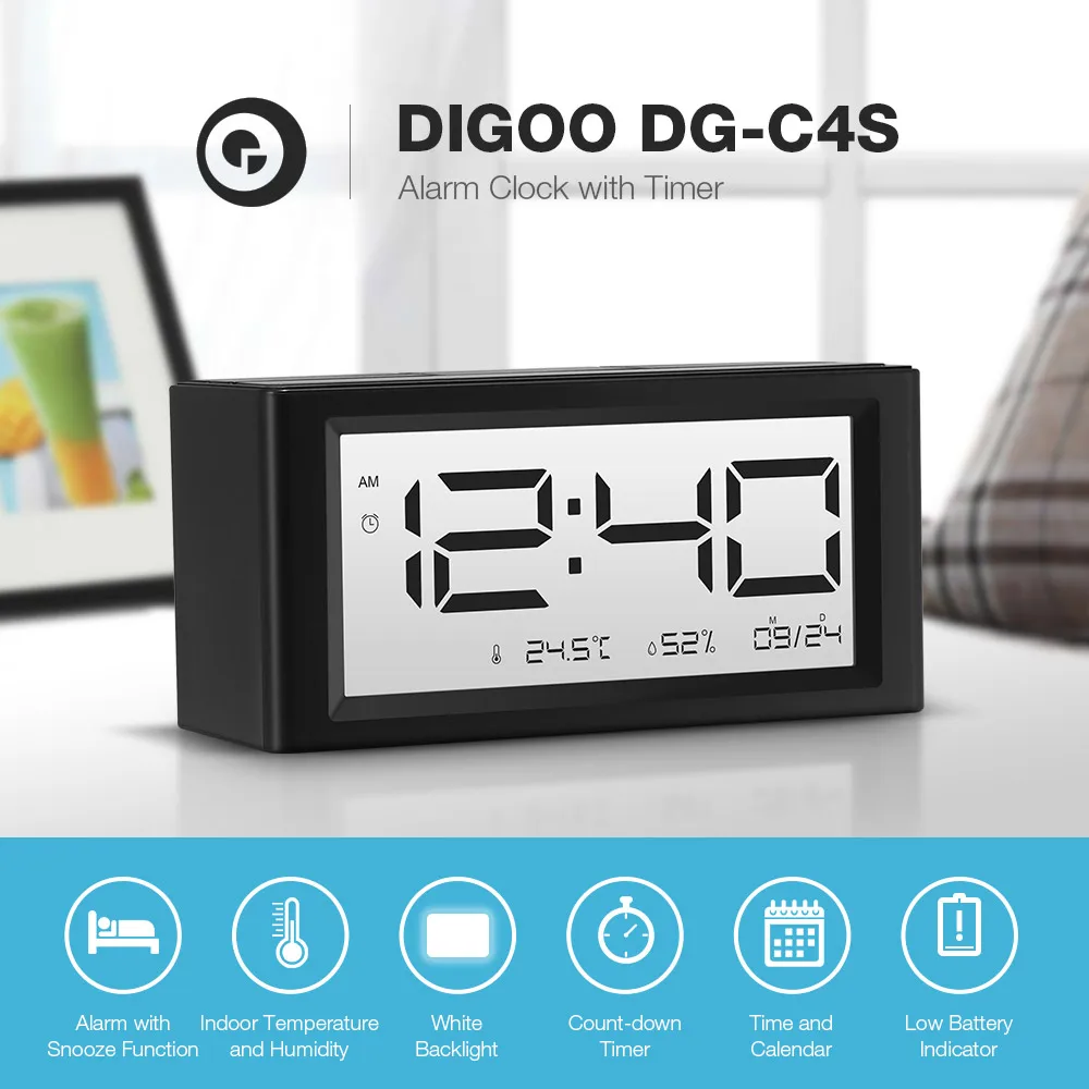 

Digoo DG-C4S Calendar LED Alarm Clocks Snooze Function Alarm Temperature Humidity LED Display Desktop Digital Table Clocks