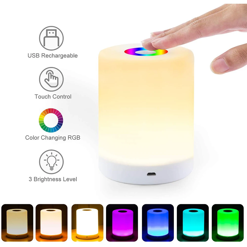 

Rechargeable Smart LED Touch Control Night Light Induction Dimmer Intelligent Bedside Portable Lamp Dimmable RGB Color Change
