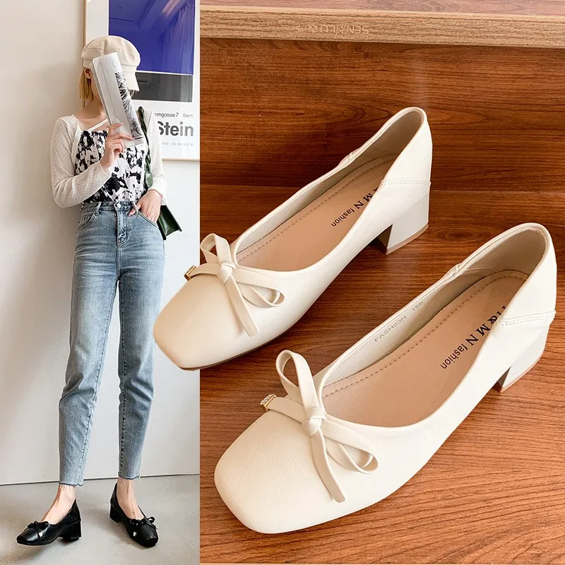 

2021 Spring and Summer New Fashion Single Shoes Feminine Temperament Low Help Shoes Bow Decoration Women's Shoes