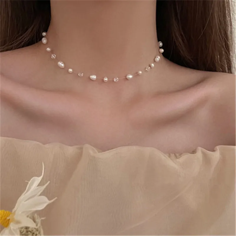 Новинка 2021, корейские ожерелья неправильной формы с пресноводным жемчугом и кристаллами, очаровательные ожерелья для женщин, модные ювелирные изделия, ожерелья для вечеринок