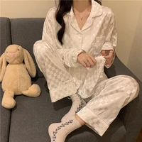 qweek plaid womens pajamas satin pyjama pour femme black white sleepwear loungewear summer autumn leisure two piece set